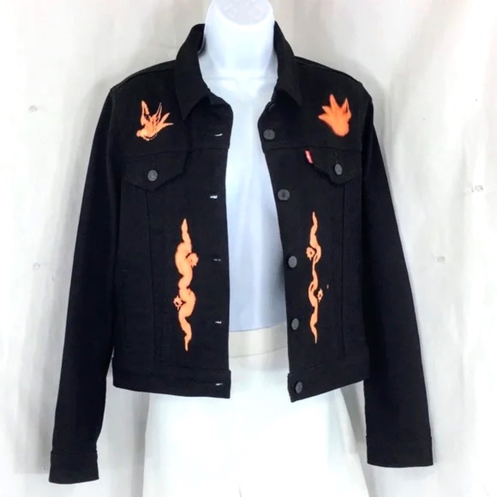 Levis Women Original Trucker Jacket Black Bleach Graphic Custom Upcycled Sz S